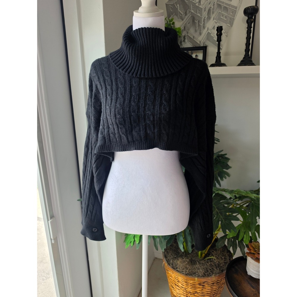 Black Cable Knit Cropped Turtleneck Sweater Shrug Long Sleeve Button Cuff